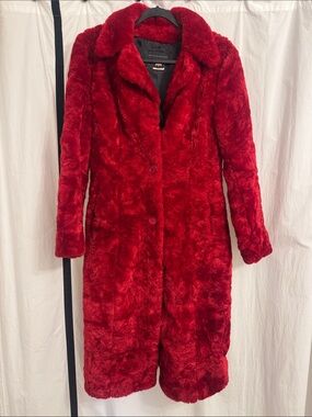 Vtg Betsey Johnson 80-90's Faux Fur Red Long Coat - small. Perfect